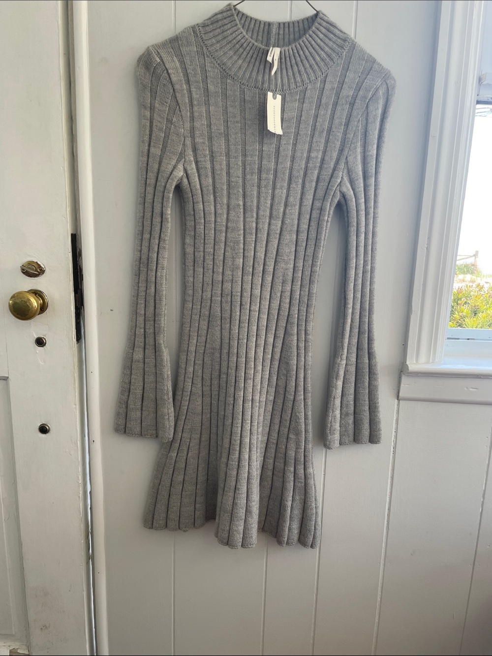 Anthropologie Gray Ribbed Knit Long-Sleeve Fit-and-Flare Dress